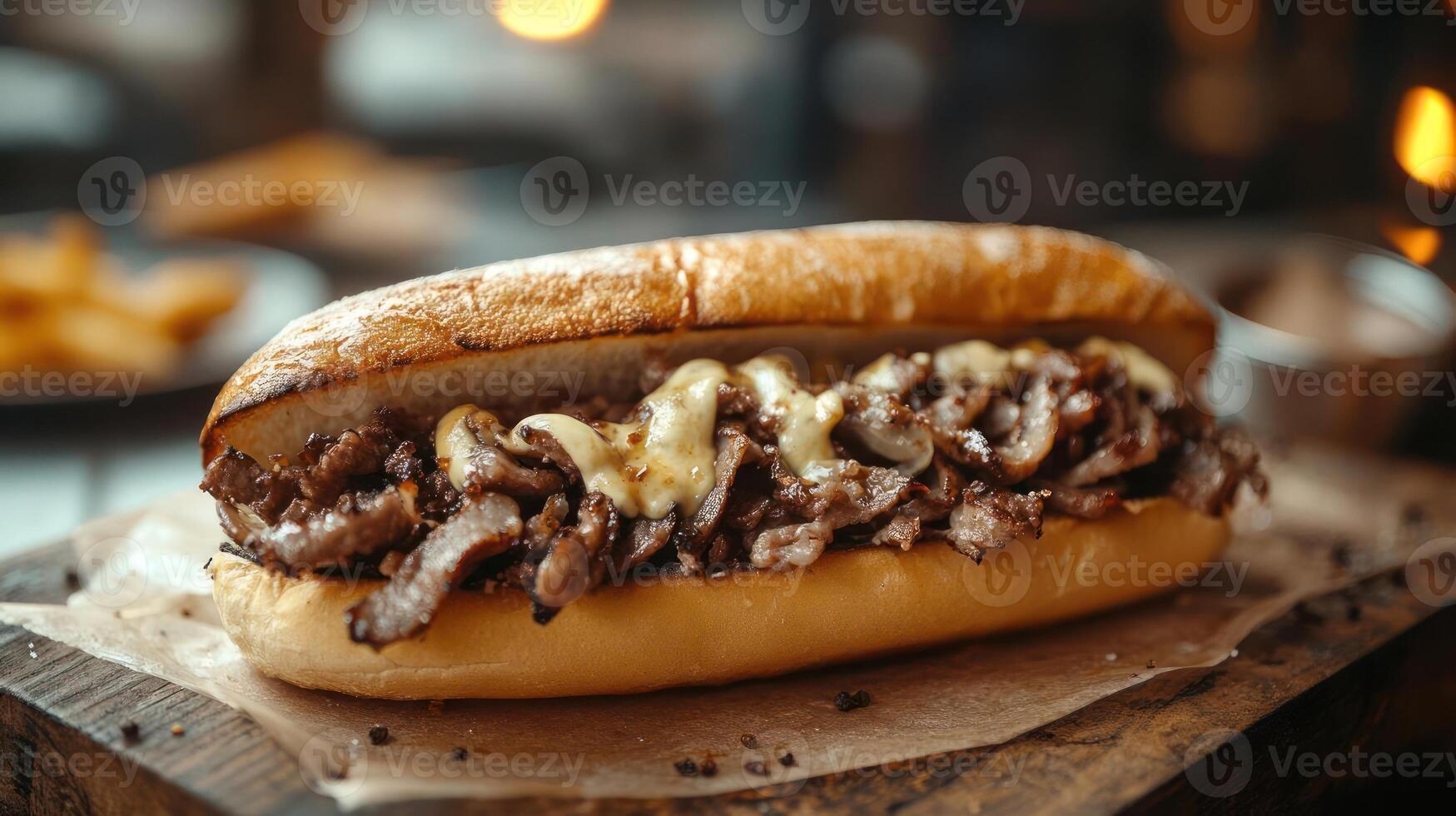 A delicious-looking cheesesteak sandwich on a wooden board photo