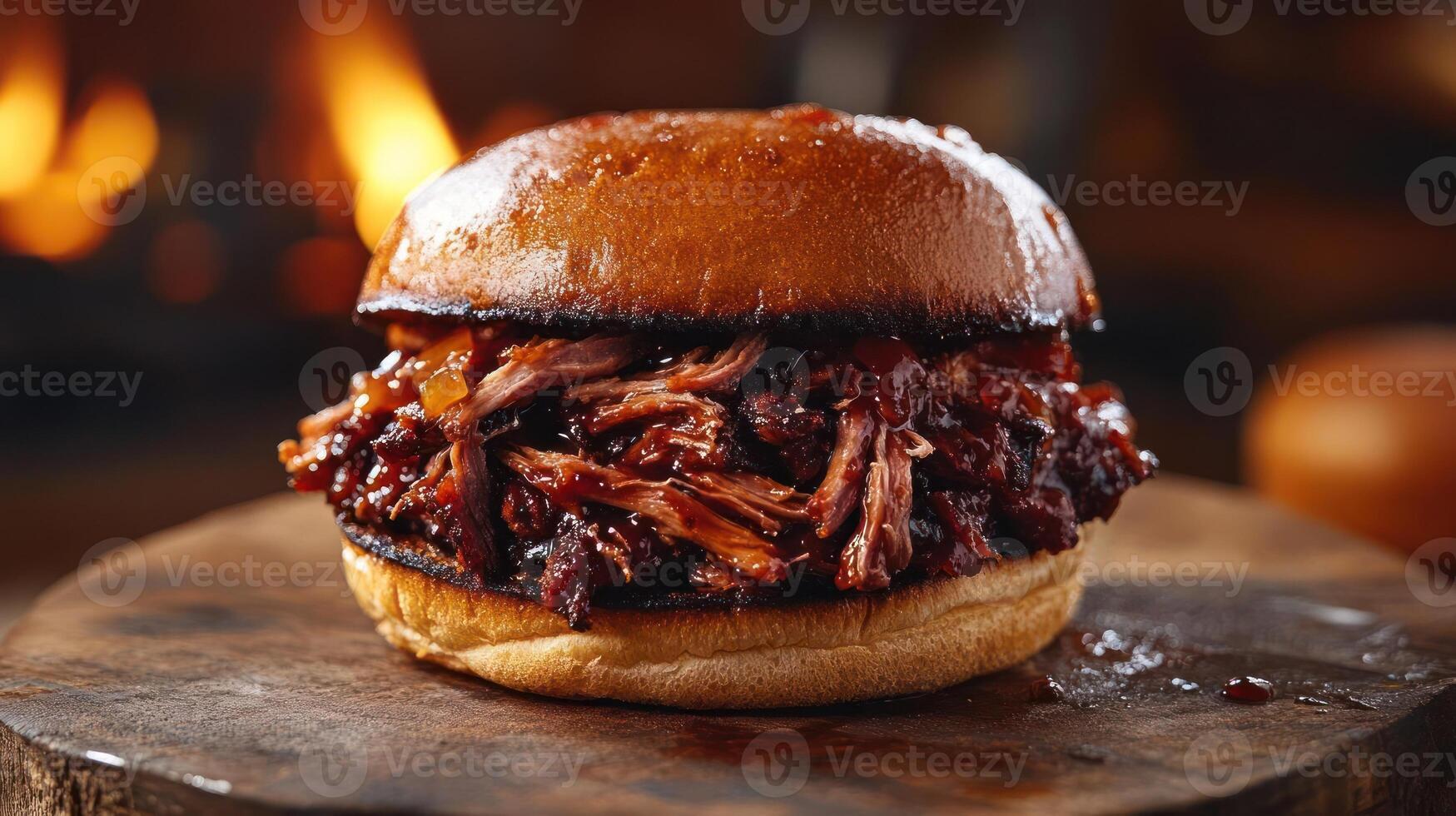 Close-up of a pulled pork sandwich on toasted bun photo