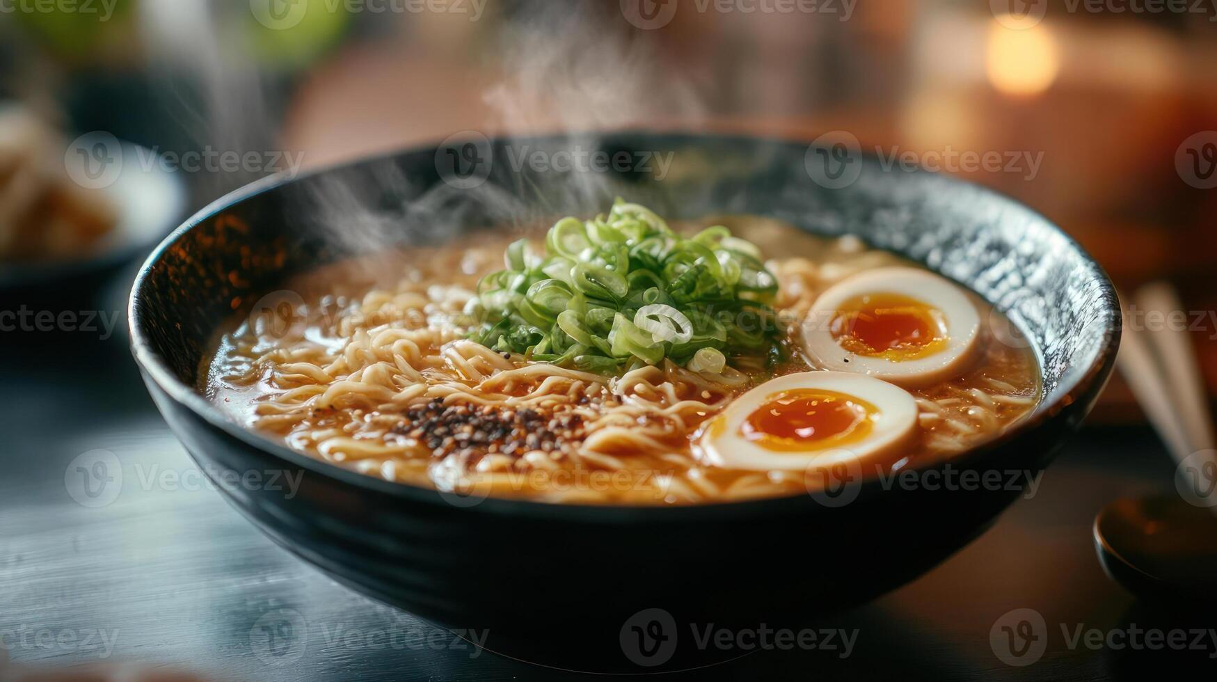 A bowl of ramen noodles with boiled eggs and green onions photo
