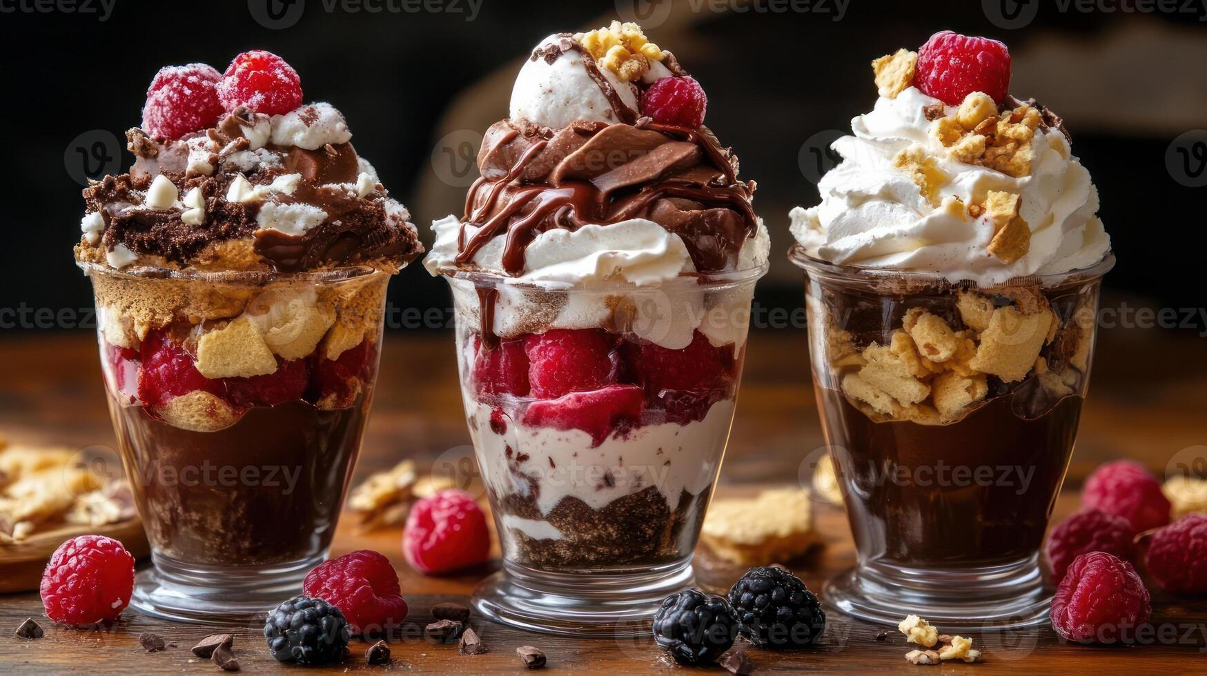 Three parfaits topped with whipped cream and fruit photo