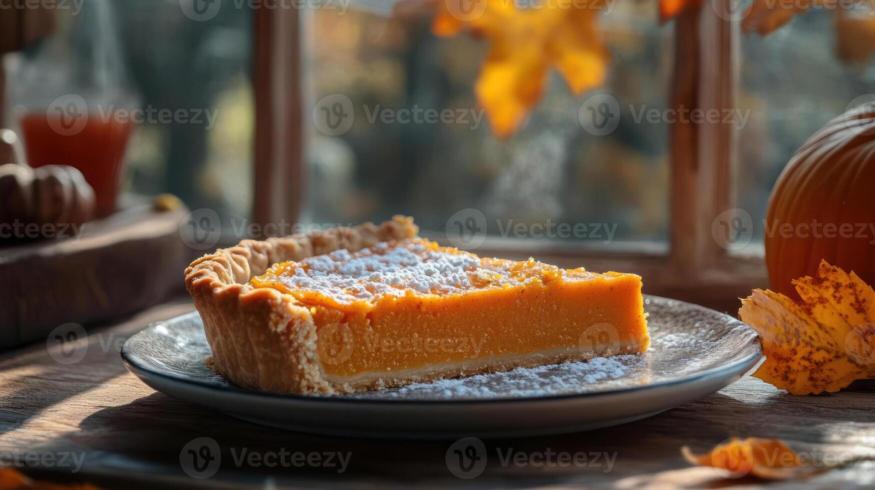 A slice of pumpkin pie on a plate with fall decorations photo