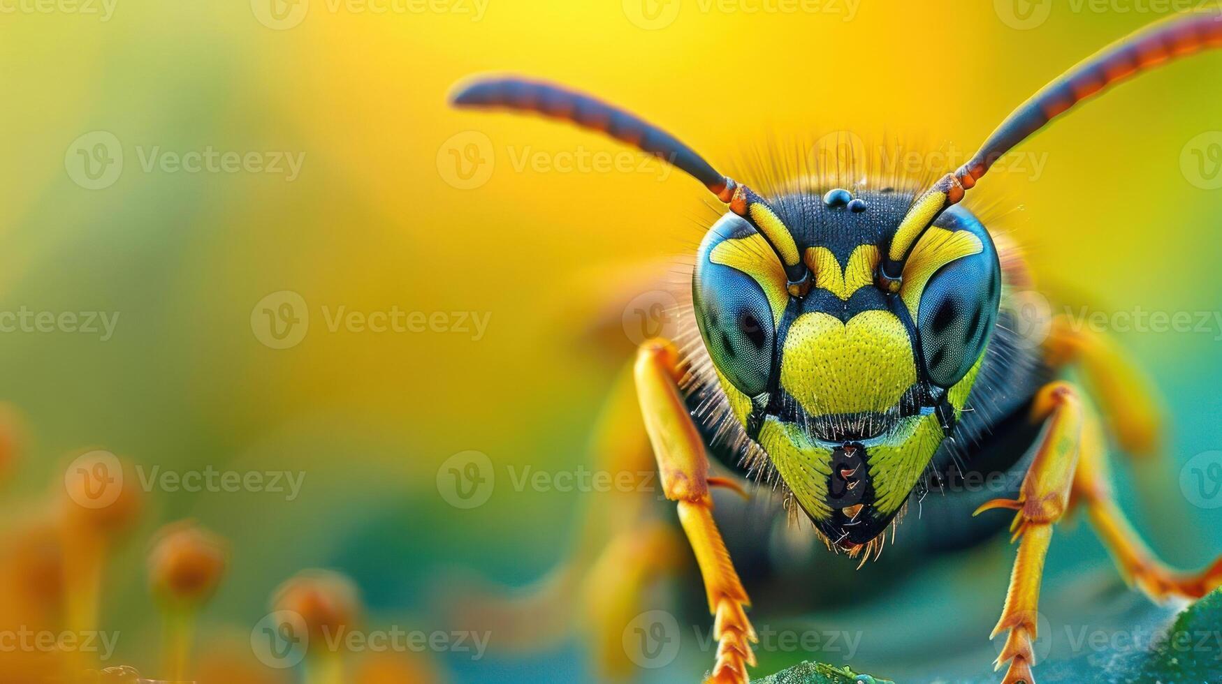 Close-up shot of a yellow and black wasp with distinctive markings photo
