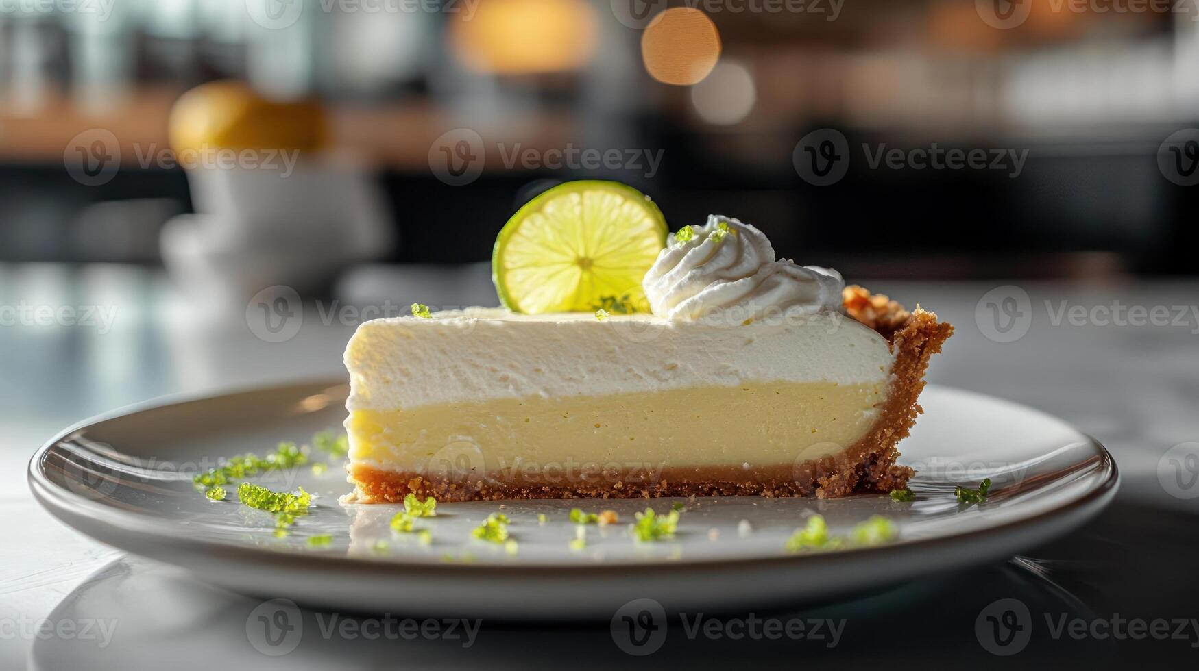 A slice of key lime pie on a white plate photo