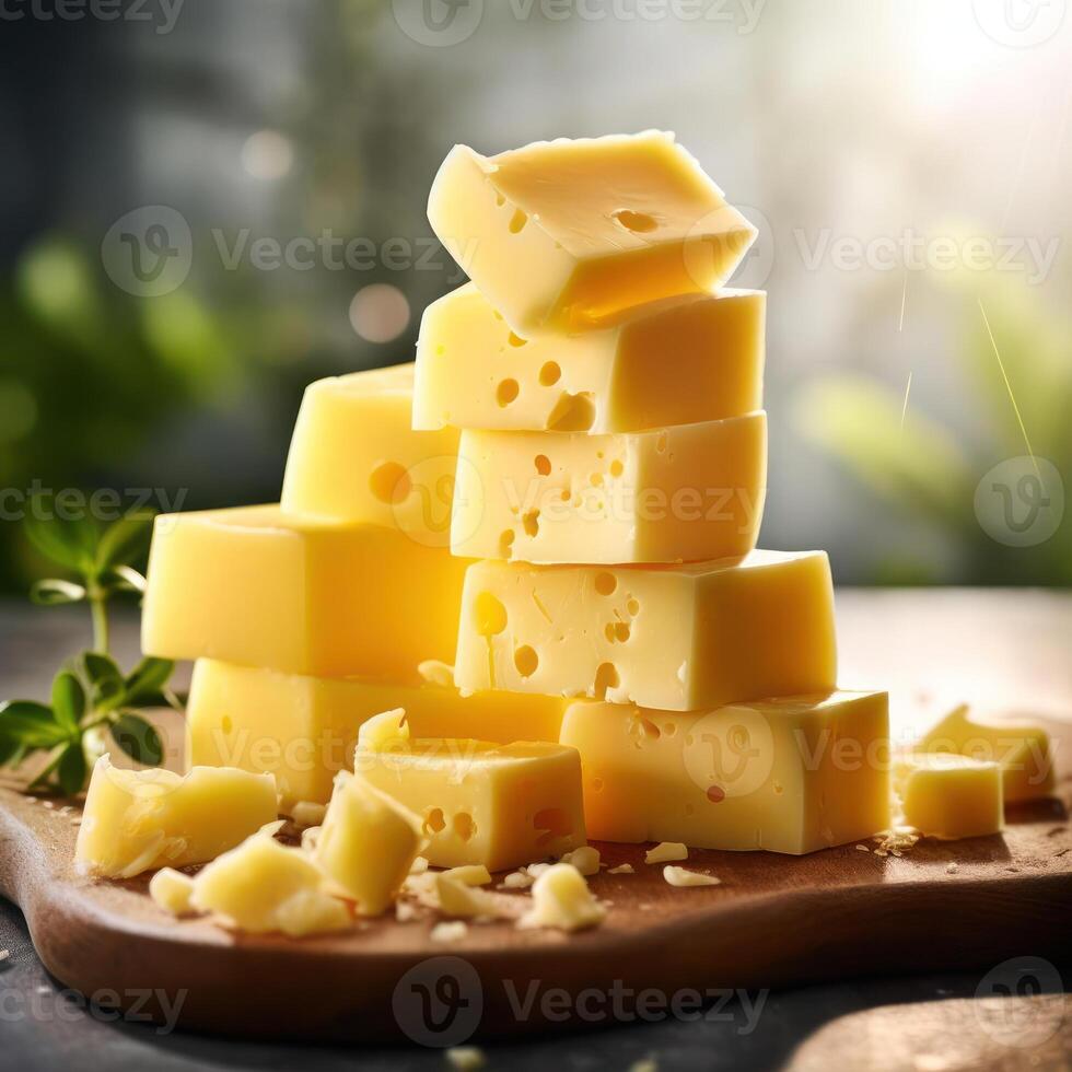Stack of yellow cheese blocks on a table. photo