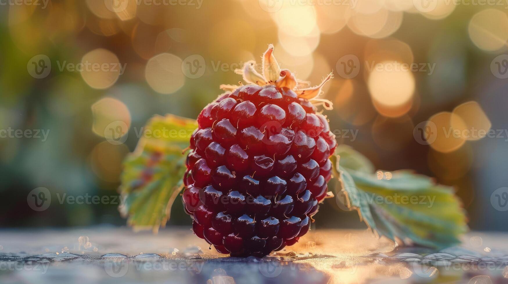 A close-up of a raspberry on a table. photo