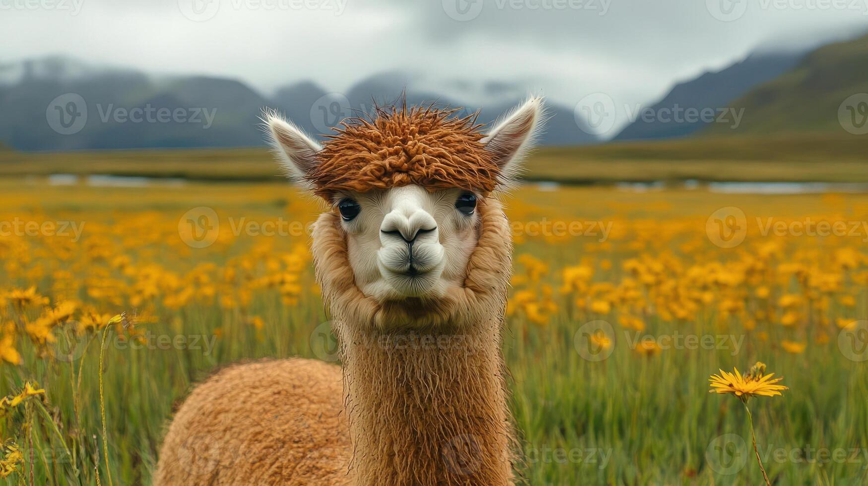 Alpaca standing in a field of yellow flowers photo