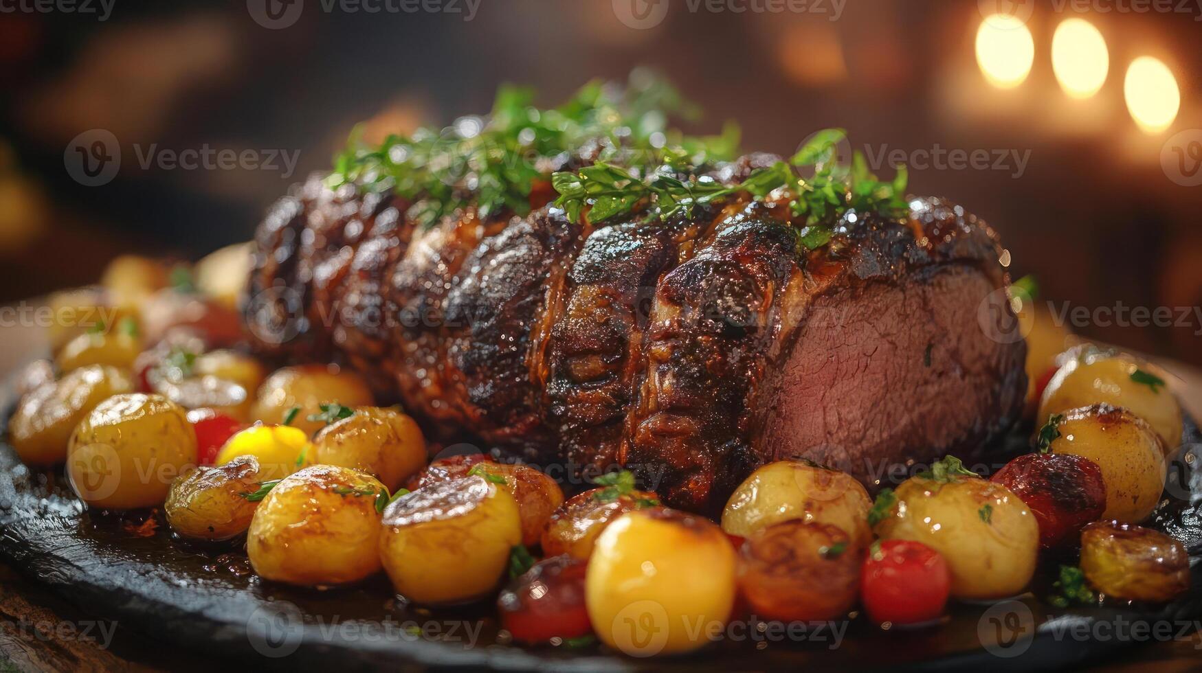 Roasted beef with vegetables on a plate photo