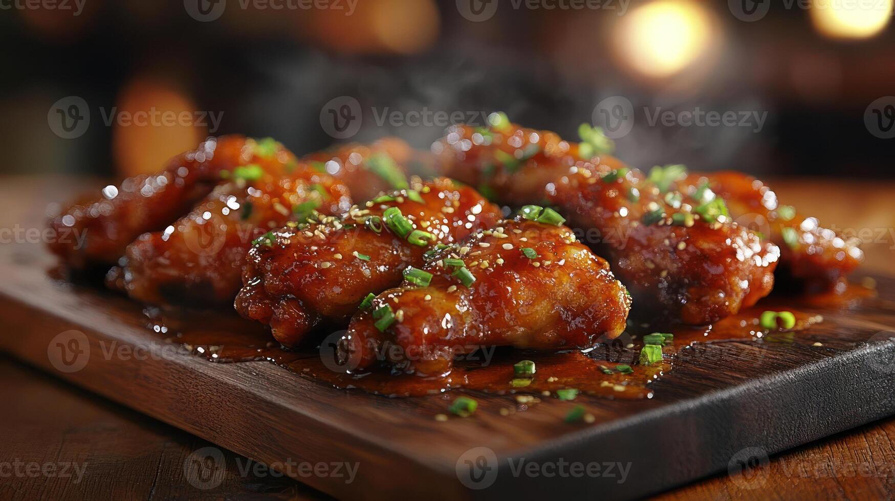 A plate of chicken wings with a sweet and sour sauce. photo