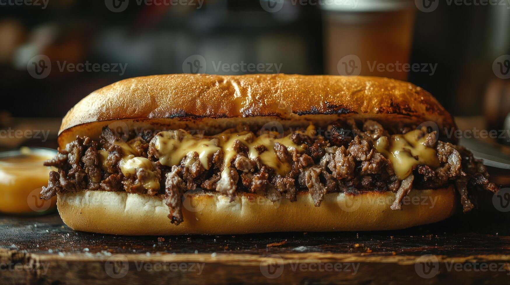 A delicious-looking cheesesteak sandwich with melted cheese and meat on a crusty roll. photo