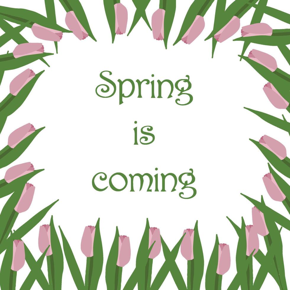 Spring is coming backdrop with hand drawn lilac tulips. Spring, 8 march, wedding invitation, birthday background, framing vector