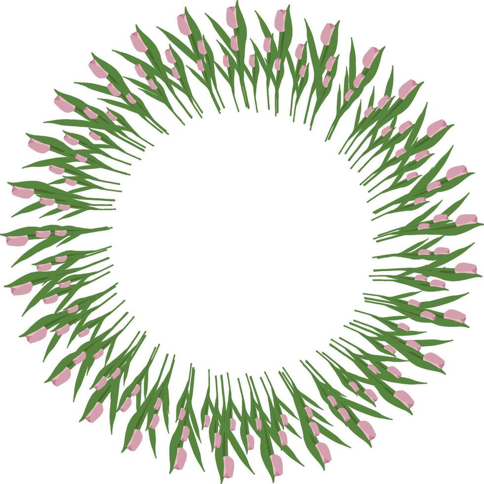 Circle round frame with hand drawn lilac tulips. Spring, 8 march background, blossom wreath vector