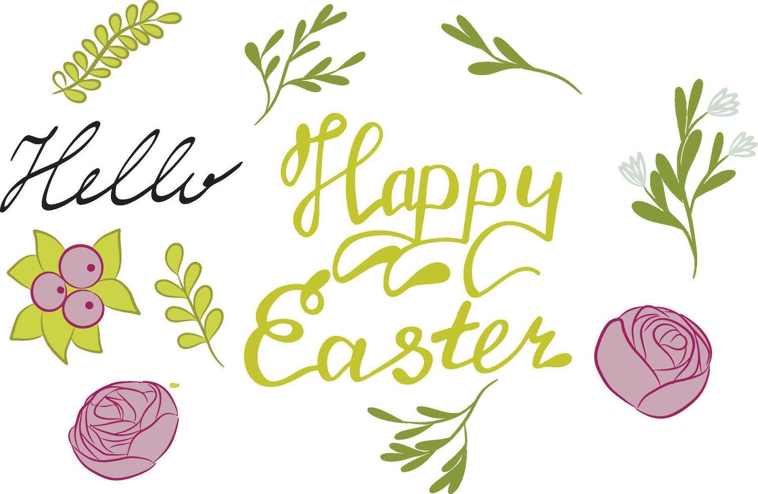 Easter set with branches, berries, roses, lettering clip art vector