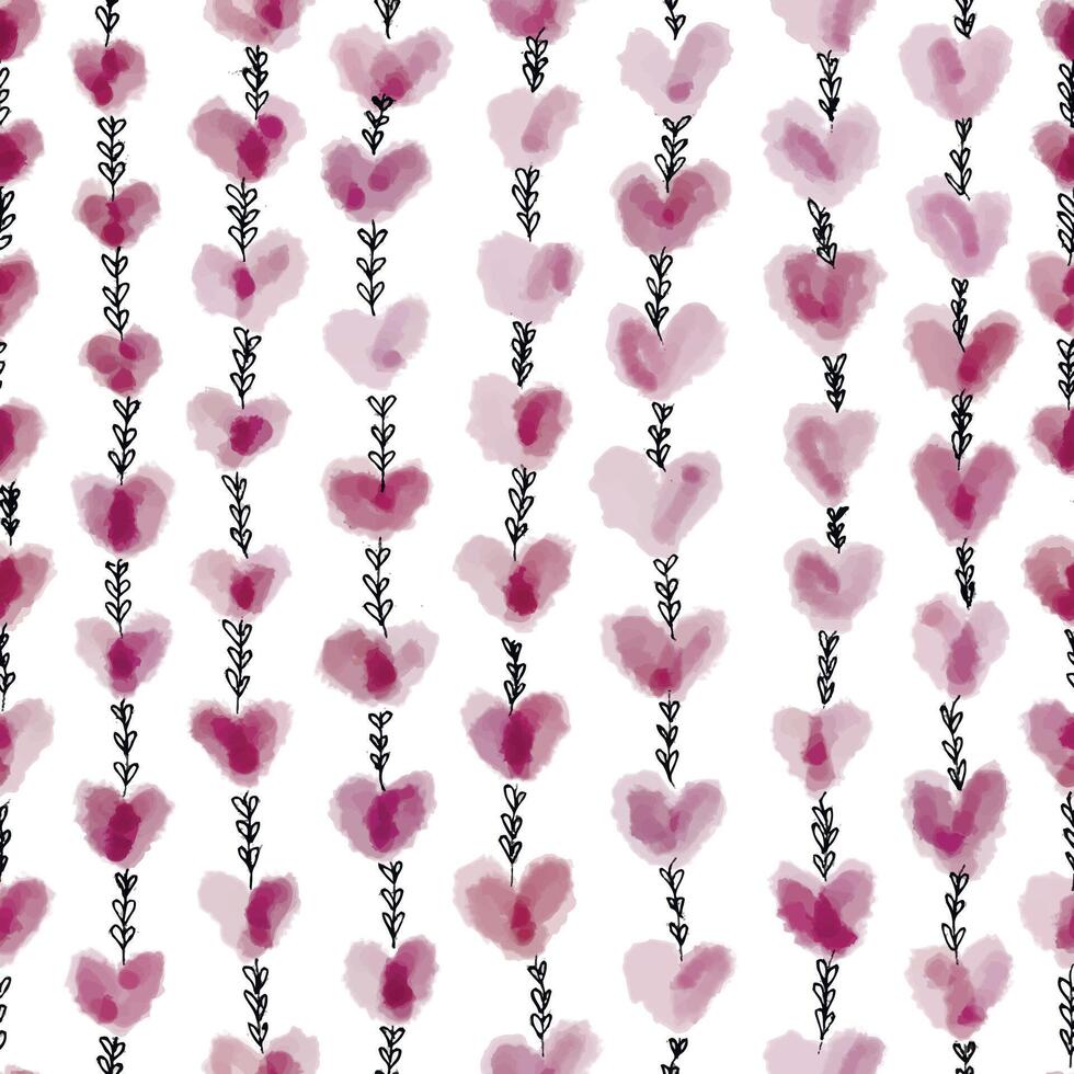 Seamless pattern with hearts watercolor with pen stems on white background. blots. Ink paint. St valentine day fabric, background, packaging vector