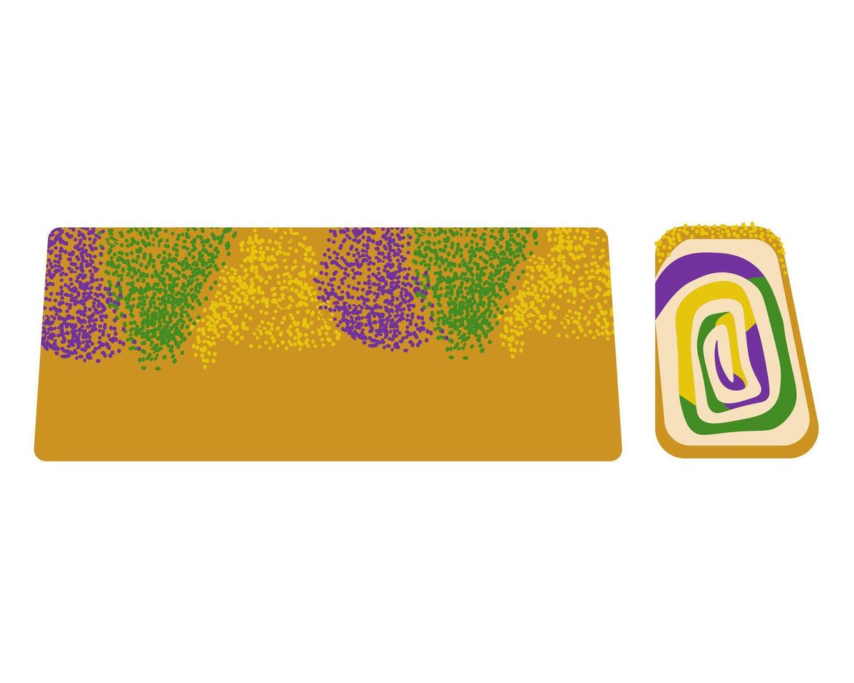 King Cake traditional pastry for Mardi Gras, side view roll with three-color sprinkles on top for menu or poster design vector