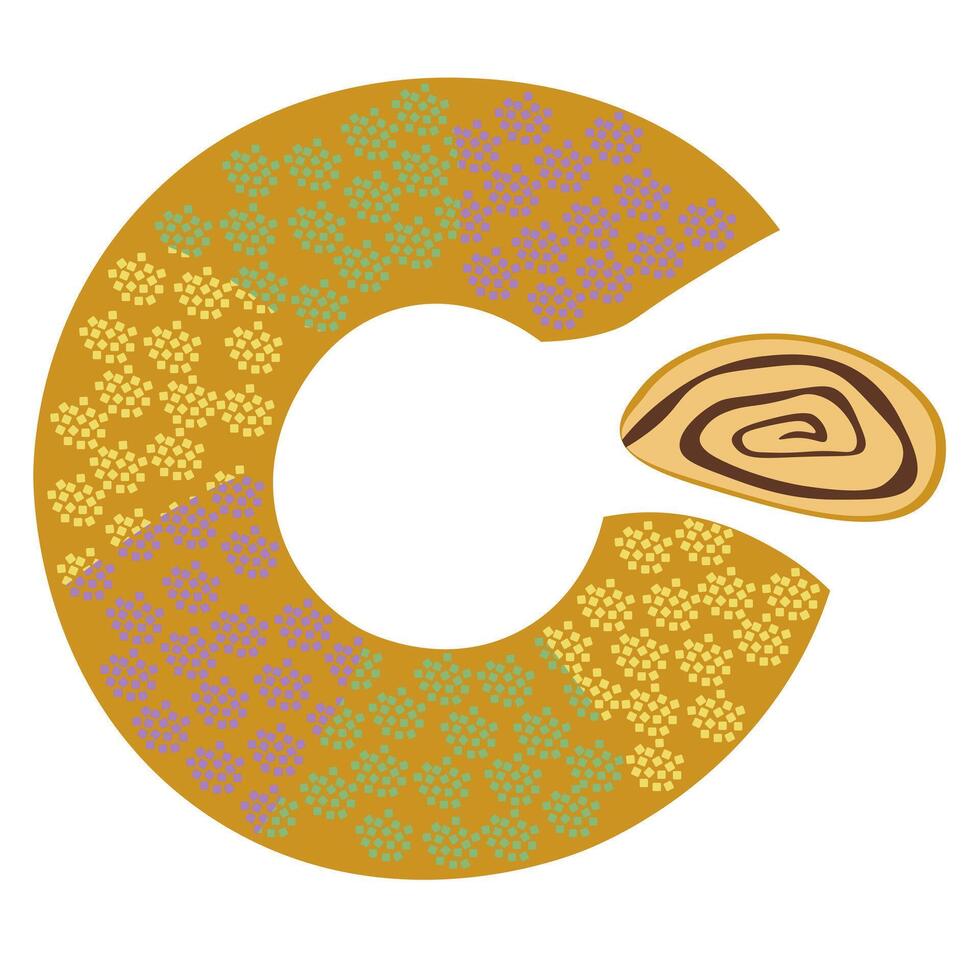 King Cake traditional Mardi Gras pastry, round cake with three-colored top for menu or poster design vector