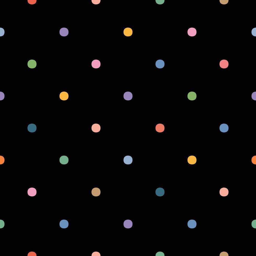 Multicolor Polka Dot Pattern Seamless, Black Background, Kawaii Style vector