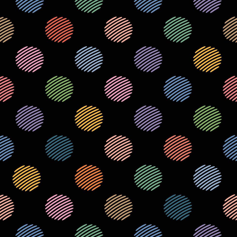 Seamless Bright Polka Dot Black Background, Line Art, Kawaii Style vector
