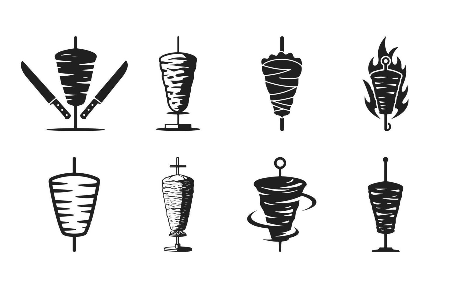 Modern doner kebab logo examples offer ideal solutions for Turkish and Arab fast food restaurants with illustration techniques. vector