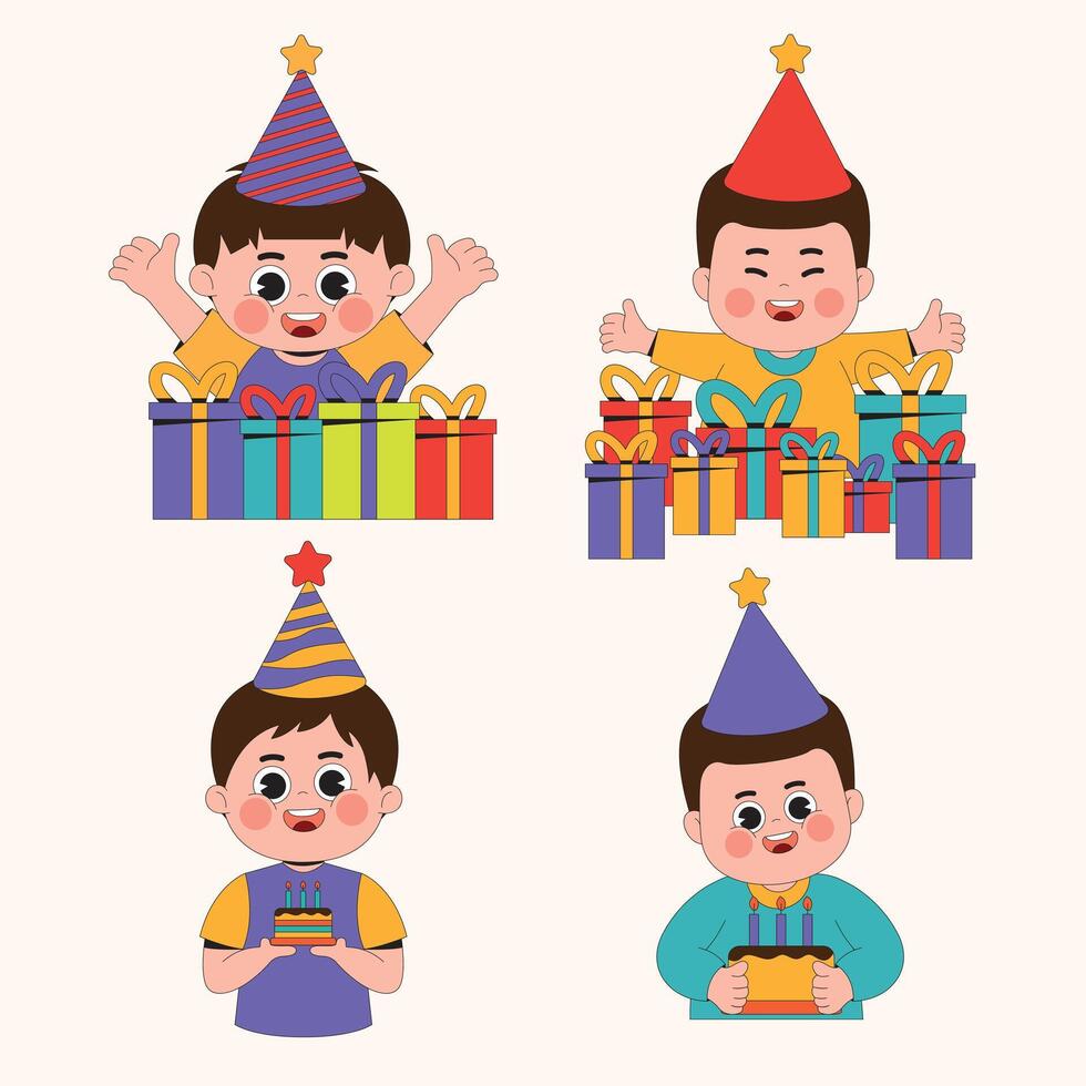 Set Cheerful Boy Birthday Cartoon Character Illustration vector