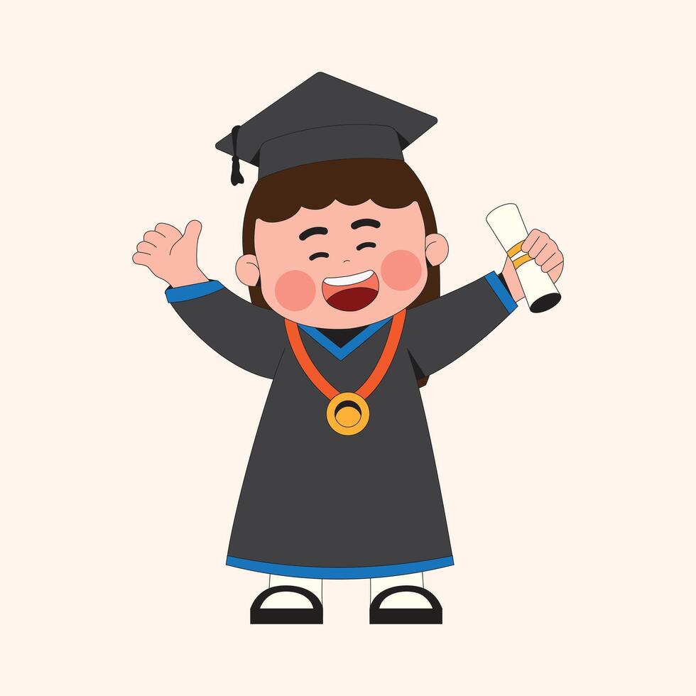 Happy graduation girl with medal and holding diploma cartoon illustration vector