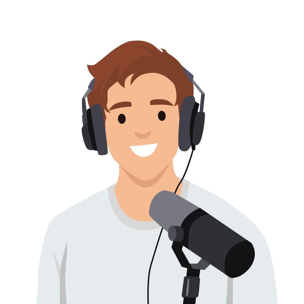 Man wearing headphones and speaking into a microphone, ready to record or broadcast a podcast. vector