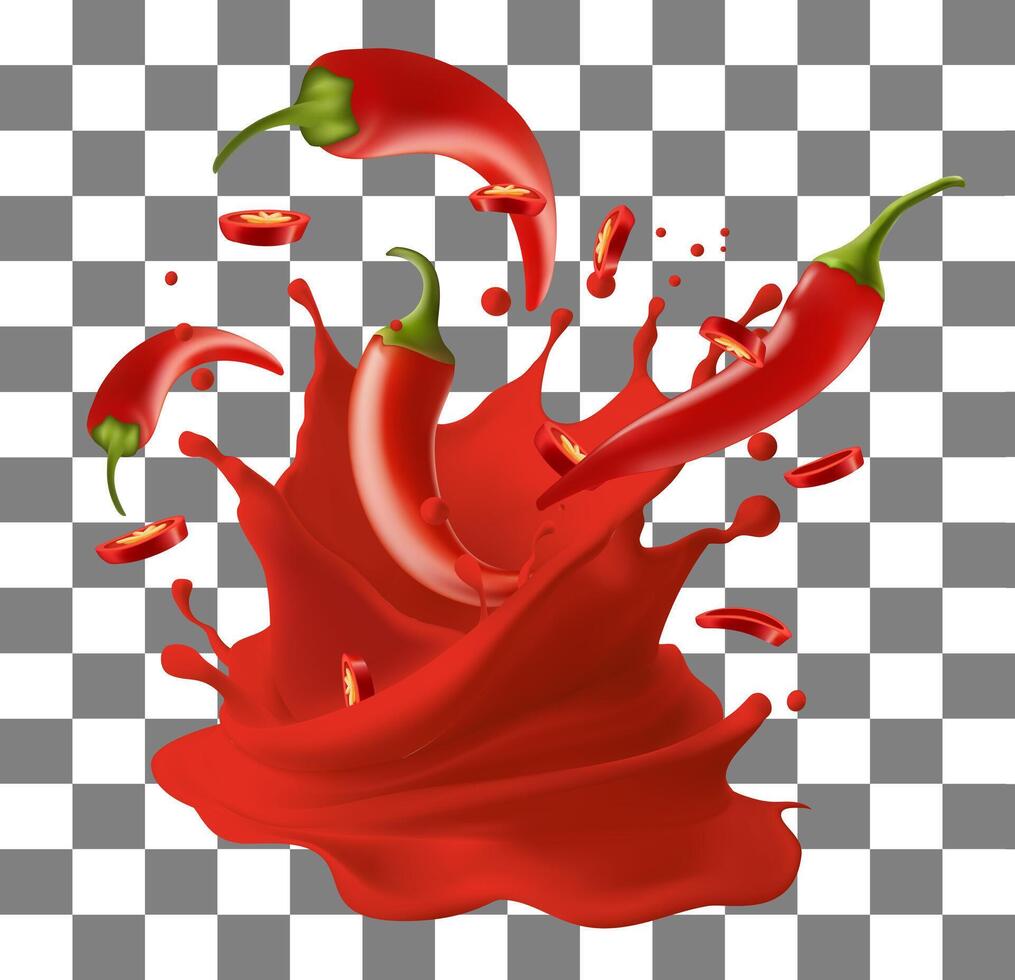Hot red chilli sauce splash with a fresh hot pepper on background vector