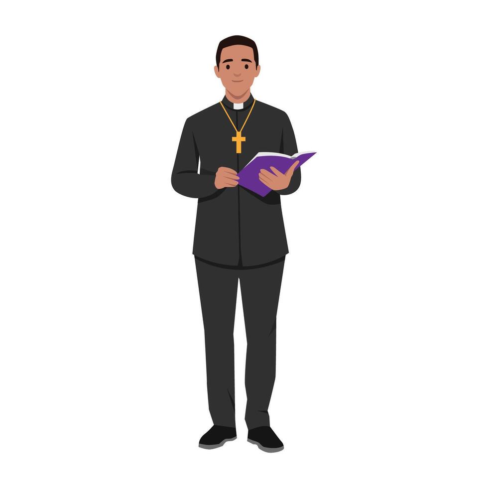 Priest dressed in traditional black clerical attire, holding a book and wearing a cross necklace. vector