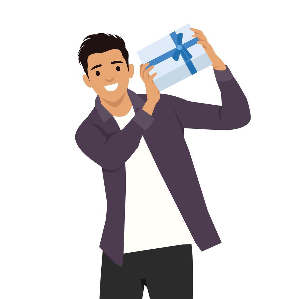 Man holds a beautifully wrapped gift box with a blue ribbon, expressing excitement and joy. vector
