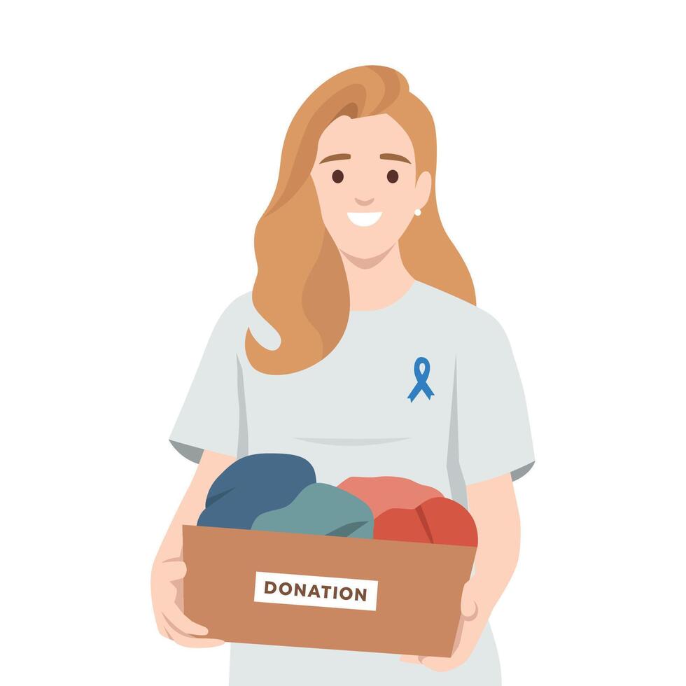 Smiling woman holds a donation box filled with clothes, symbolizing charity. vector