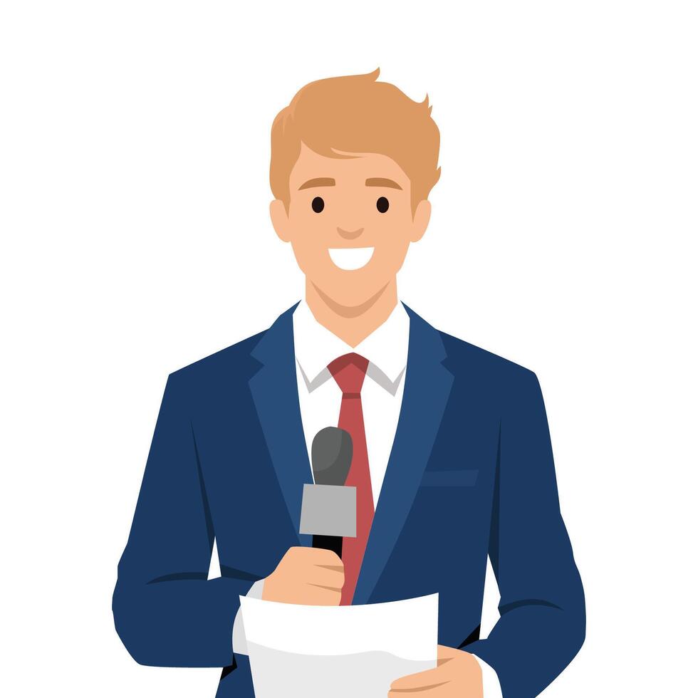Smiling male news reporter in a suit holding a microphone and a script,ready to deliver a broadcast. vector