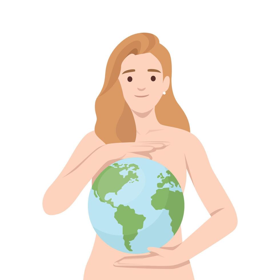 Serene woman holds the Earth gently in her arms, environmental protection. Earth with Care vector
