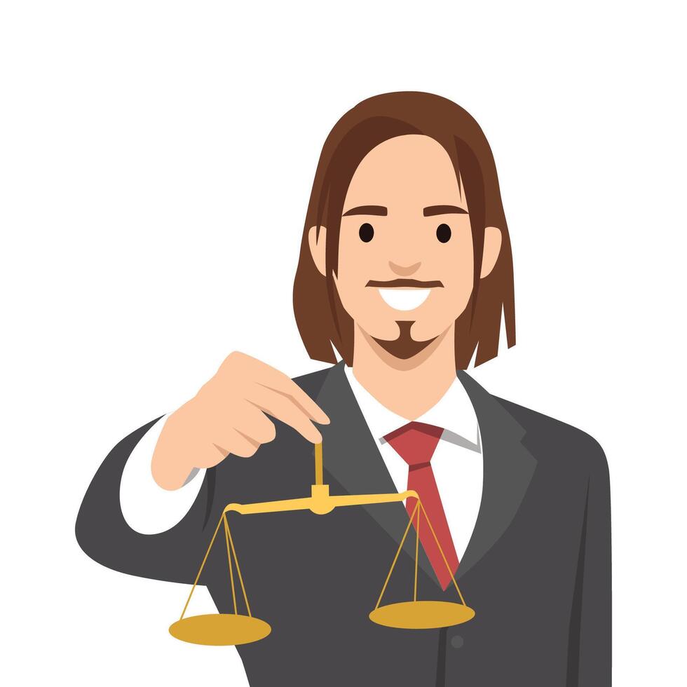 Smiling man in a suit holding a golden balance scale, representing law, justice, and fairness. vector