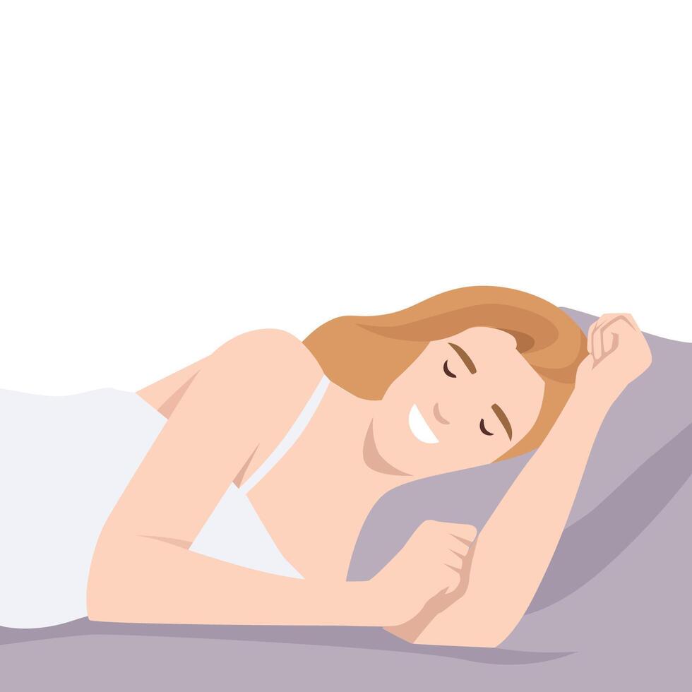 Smiling woman sleeps comfortably on her side, relaxation, restfulness, and a good night's sleep. vector