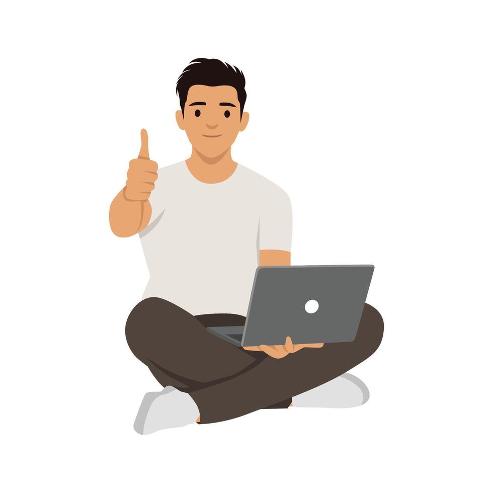 Man sitting cross legged with laptop on his lap gives thumbs up, success,approval, and productivity. vector