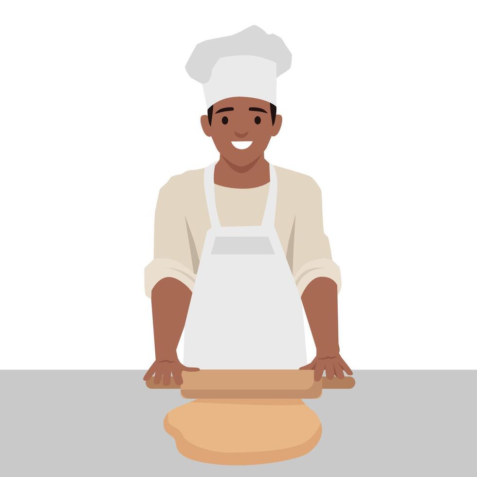 Baker wearing a white chefs hat and apron, rolling out dough on a countertop, ready for baking. vector