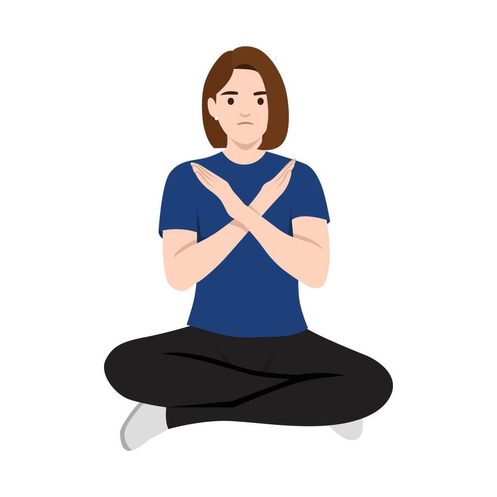Woman sitting cross legged with her arms crossed, disapproval, rejection, or no gesture. vector