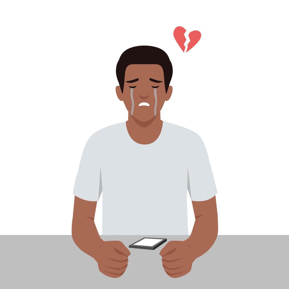 Sad man sits at a table, looking at his phone, expressing deep sorrow and heartbreak. vector