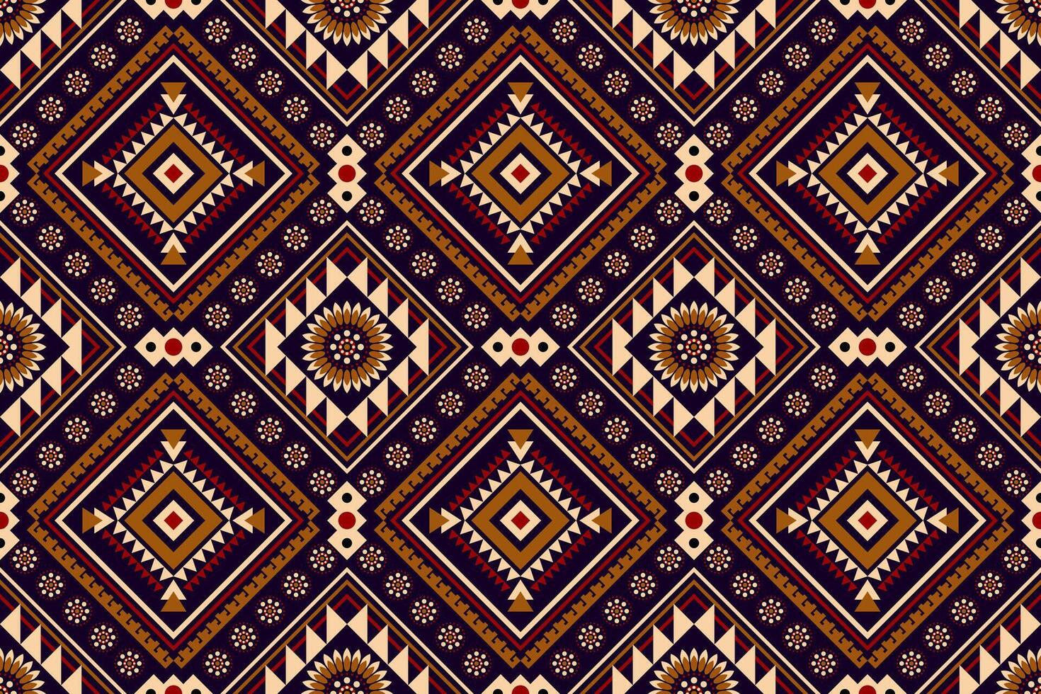 Geometric ethnic flowers seamless pattern on black background,Aztec style,abstract background. vector
