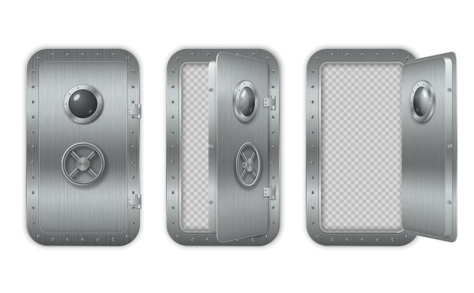 Metal realistic closed and open doors with rivets and round glass portholes. 3d illustration. vector