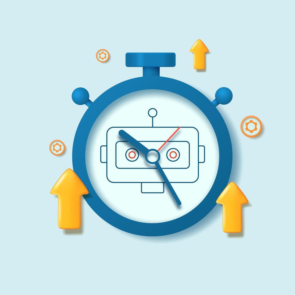 Artificial intelligence clock with hands and gears in the background. Concept of speeding up the work process and saving time with AI. vector