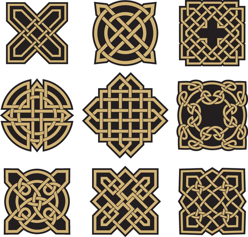 set of gold and black celtic knots. Ornament of ancient European peoples. The sign and symbol of the Irish, Scots, Britons, Frank vector