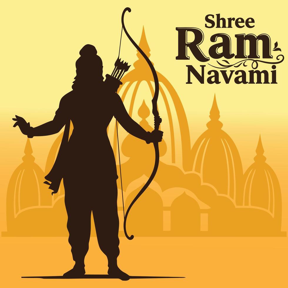 Lord Rama with bow arrow with English text meaning Happy Ram Navami celebration background for religious holiday. vector