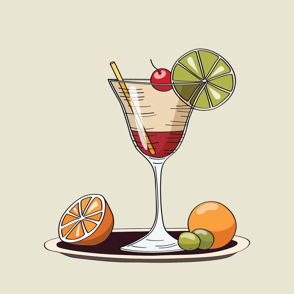 Hand drawn illustration of a cocktail with olives and citrus garnish vector