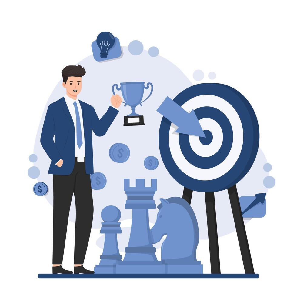 Business strategy Businessman with trophy and chess. illustration in flat style. vector