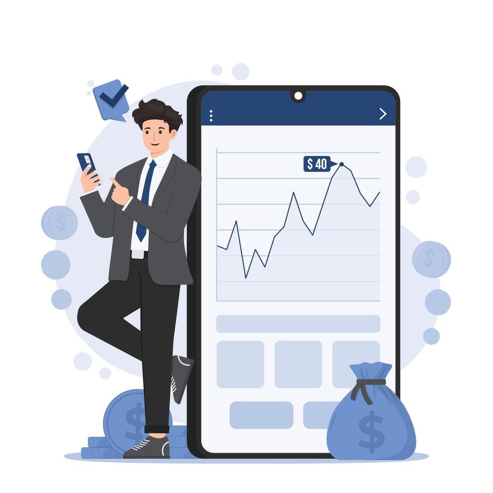 illustration of a man with a smartphone Investment and financial charts on the screen. vector