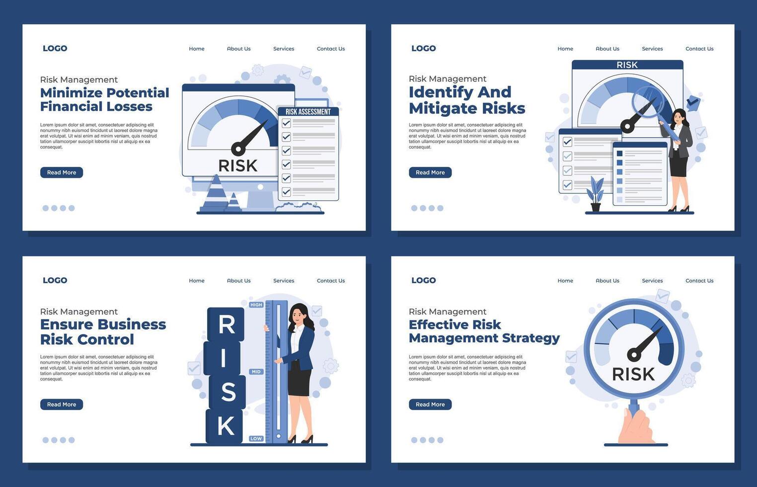 Set of Landing page template Business risk management concept assessment planning strategy policy identify analyze mitigate risk vector