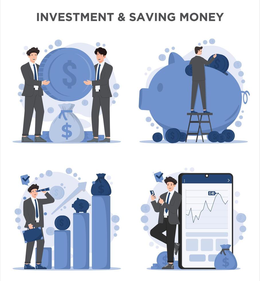 Investment and savings concept set. Businessman with piggy bank, coins and mobile phone. illustration in flat style vector