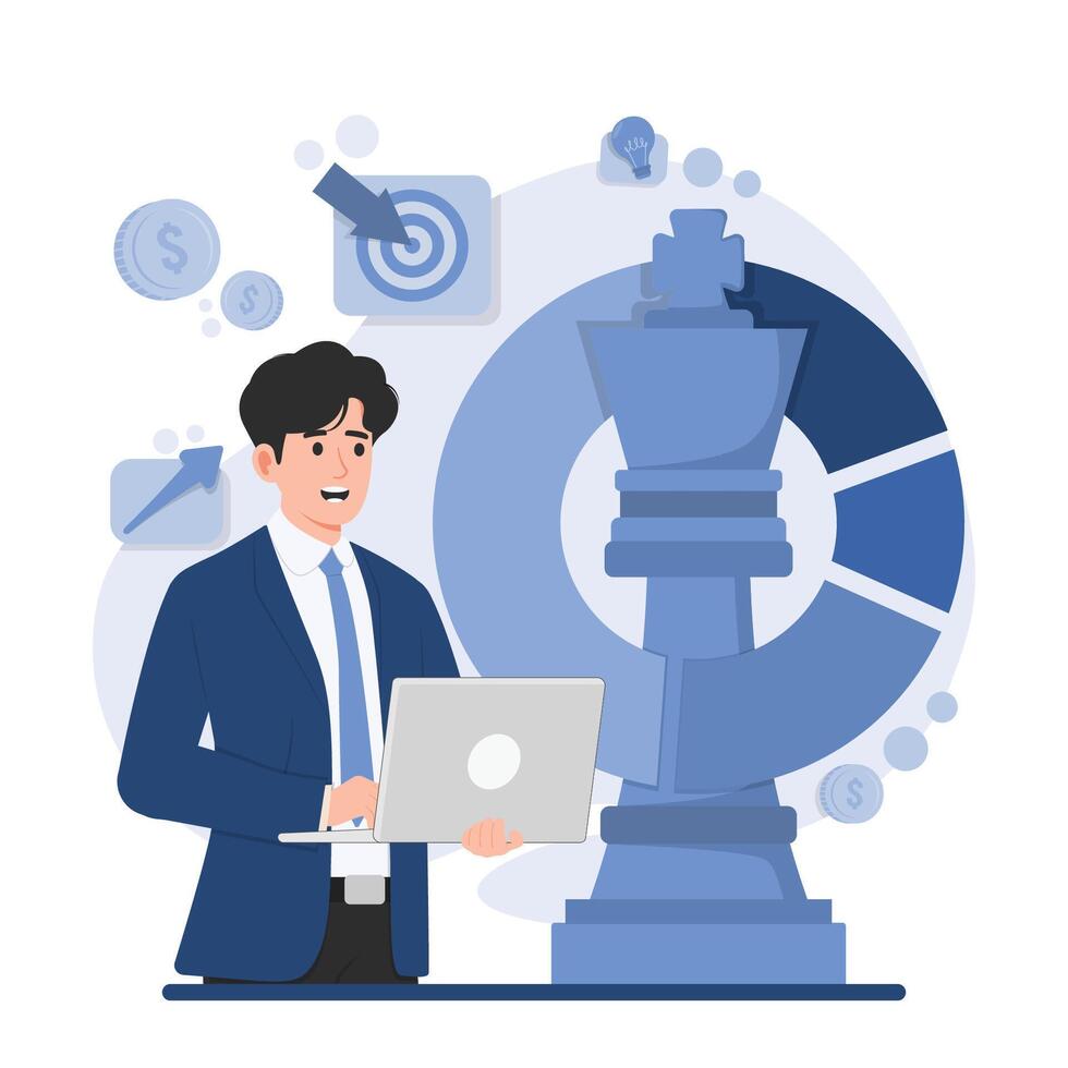 Business strategy Businessman with laptop and big chess piece. illustration in flat style vector