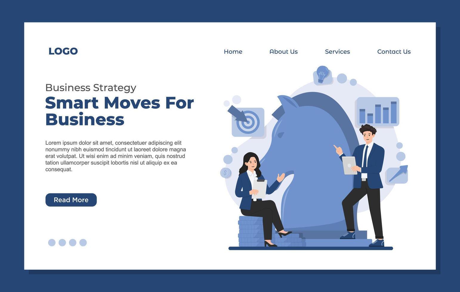 Strategic planning landing page template. Businessman with laptop working on chessboard. Business strategy vector