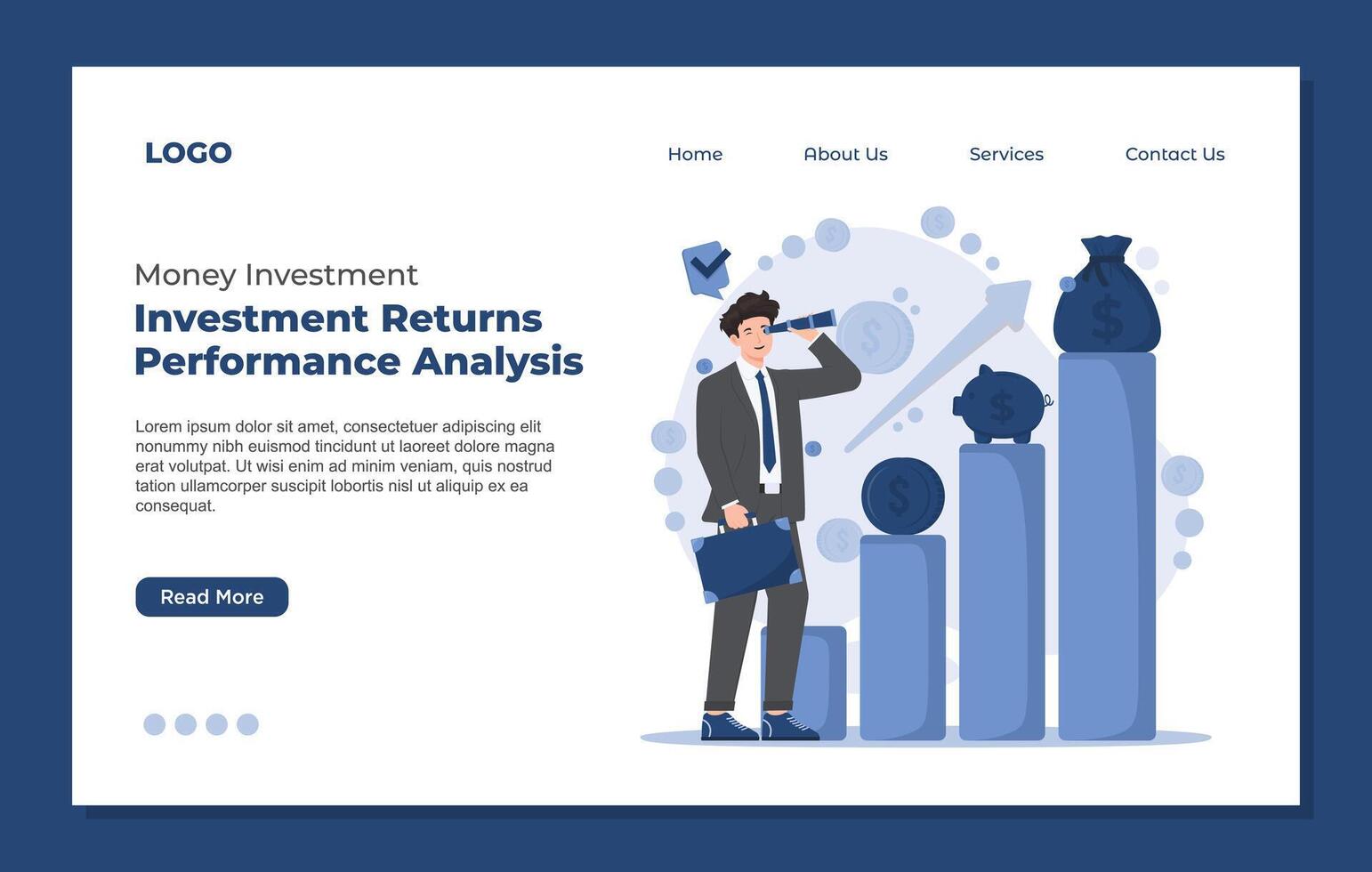 Landing page template set of Investment and saving money concept showing financial growth, budgeting, and future planning with charts and coins vector